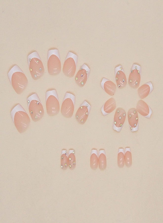 ASONRL 24 PCS Press on Nails French Tip with Rhinesstones, Short Square Gel Nail Fake Nails, Glue On Nails Kit, Reusable False Nails with Mini Nail File for Women - White Square Rhinestones - Image 2